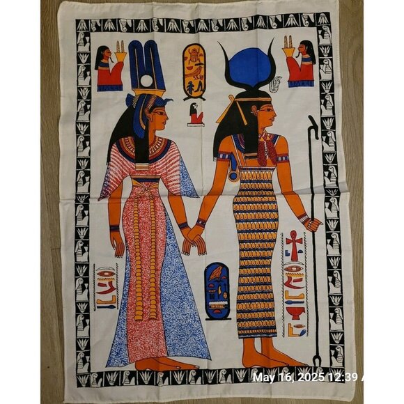 Egyptian Linen Cotton Tea Towel Isis Queen Nefertari Colorful" 29" x 19" Vintage - Picture 1 of 3